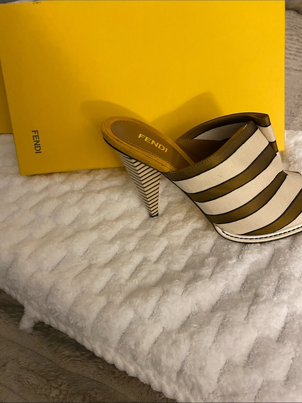 NWT, Fendi Olive and Cream Striped Open-Toe Mule. Shipped with Fendi Shoe Box